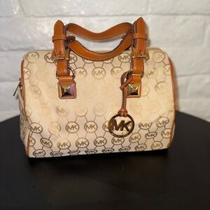 Michael Kors Cream & Brown Logo Satchel with Gold Hardware